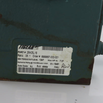 Dodge Tigear 26A05L18 5:1 Ratio Left Hand Gearbox 7.37HP 1750RPM In 350RPM Out