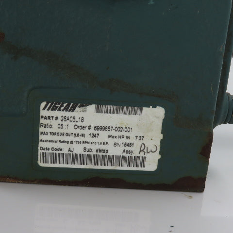Dodge Tigear 26A05L18 5:1 Ratio Left Hand Gearbox 7.37HP 1750RPM In 350RPM Out