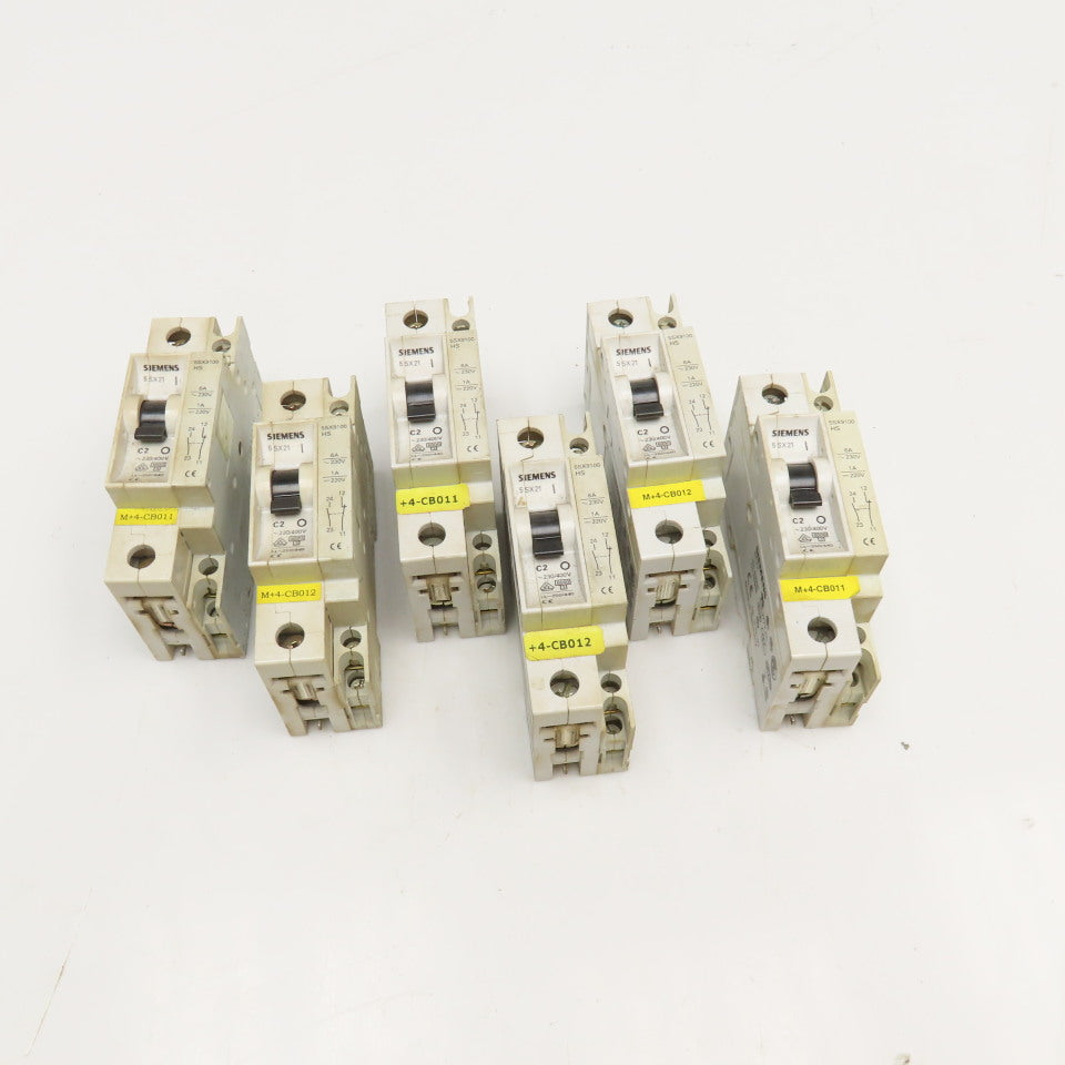 Siemens 5SX21 C2 2A 277V Single Pole Circuit Breaker W/ Aux. 5SX9100 Lot Of 6