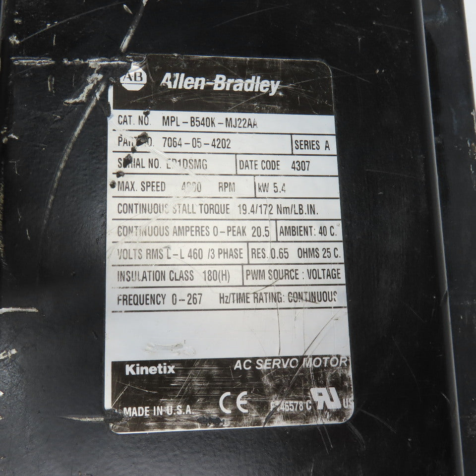 Allen Bradley MPL-B540K-MJ22AA 460V 3Ph 4000RPM Inverter Duty AC Servo Motor