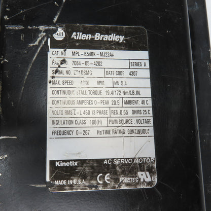 Allen Bradley MPL-B540K-MJ22AA 460V 3Ph 4000RPM Inverter Duty AC Servo Motor
