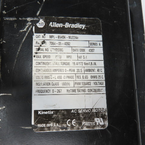 Allen Bradley MPL-B540K-MJ22AA 460V 3Ph 4000RPM Inverter Duty AC Servo Motor