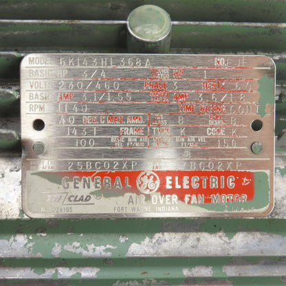 GE 5K143HL368A 3/4HP AC Electric Motor 1140RPM 230/460V 3PH 143T Frame