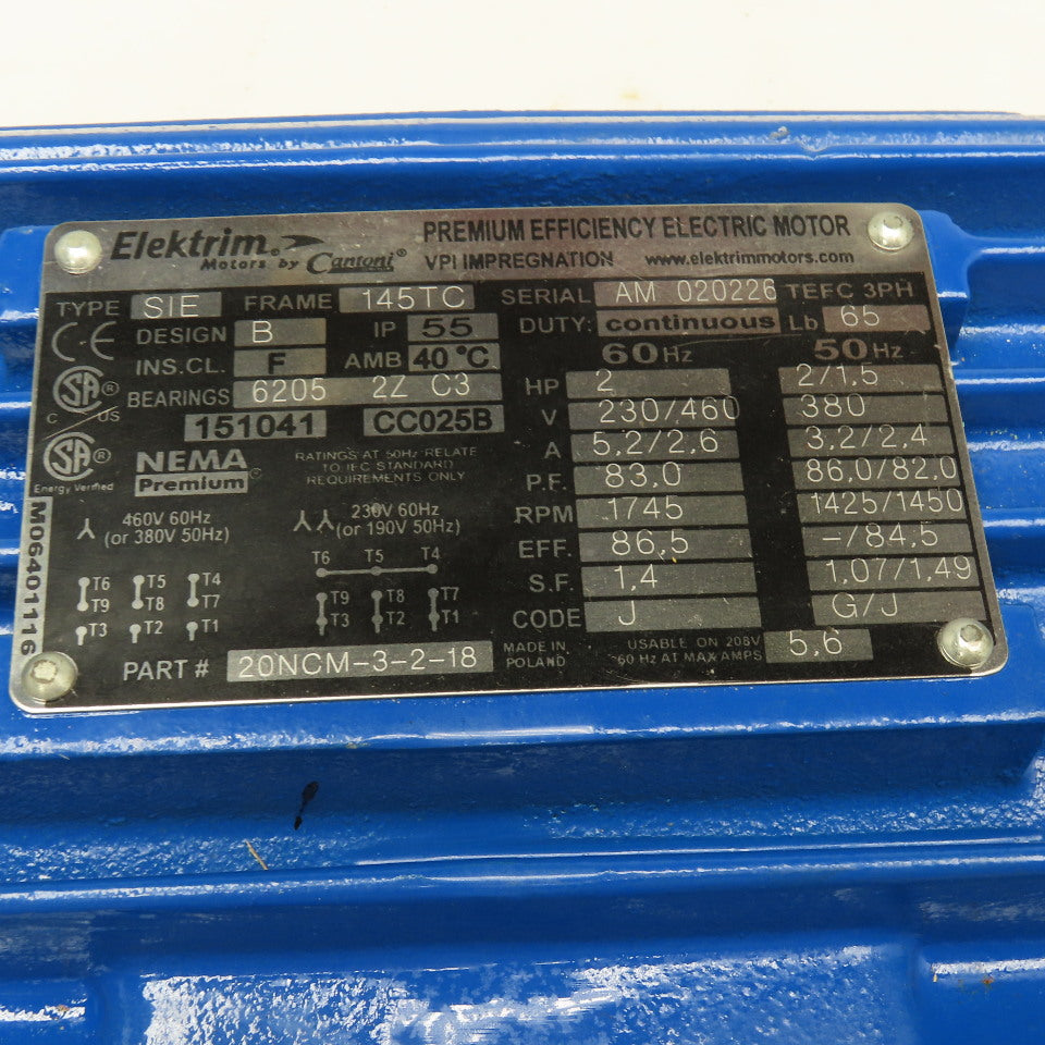 Elektrim 20NCM-3-2-18 2Hp 1745RPM 230/460V 50/60Hz Premium Efficient AC Motor
