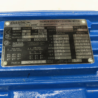 Elektrim 20NCM-3-2-18 2Hp 1745RPM 230/460V 50/60Hz Premium Efficient AC Motor