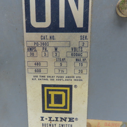 Square D PQ-3603 I-Line 30A 600VAC 3P 20Hp Max Busway Switch Bus Plug