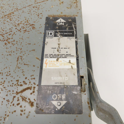 Square D D224N 200A Fusible Safety Disconnect Switch 240VAC Type 1 Enc.