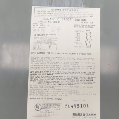Square D D224N 200A Fusible Safety Disconnect Switch 240VAC Type 1 Enc.