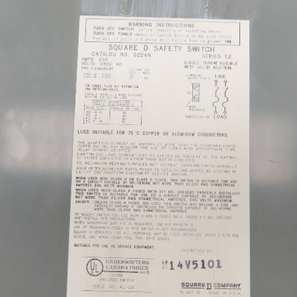 Square D D224N 200A Fusible Safety Disconnect Switch 240VAC Type 1 Enc.