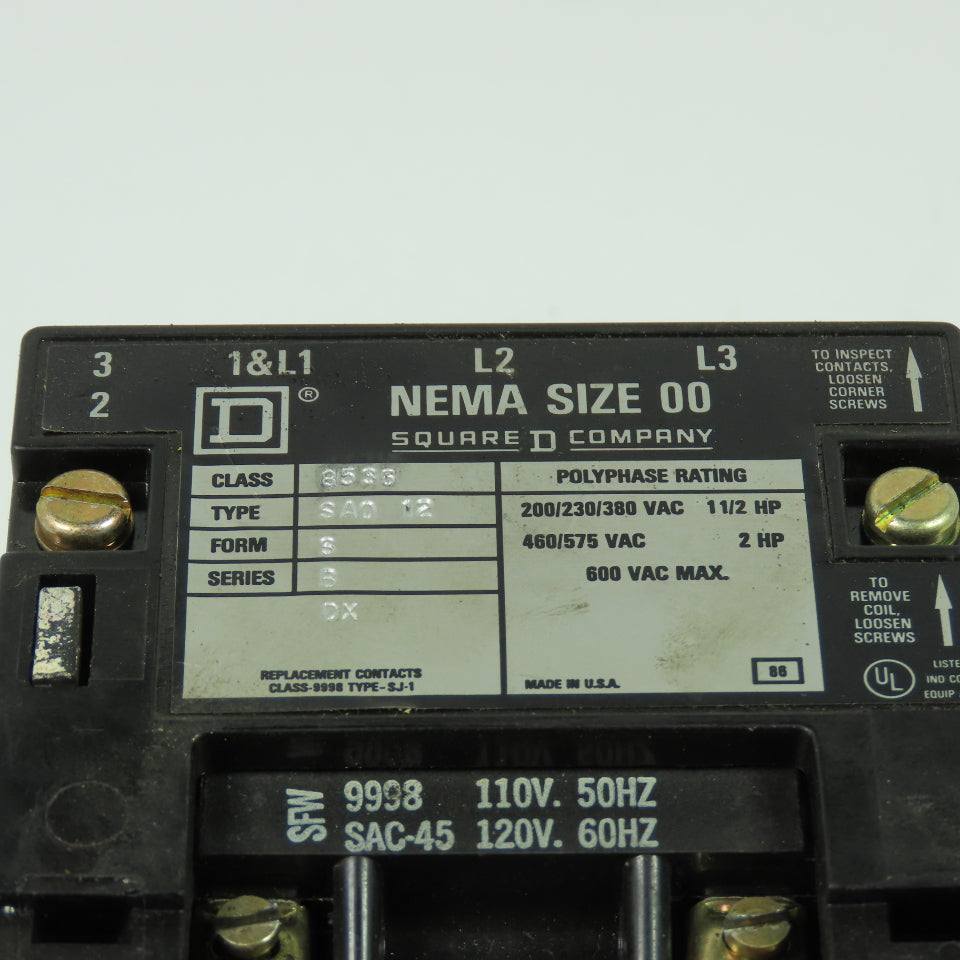 Square D 8536-SA0-12 Ser B Motor Starter 1.5-2HP 600VAC Max