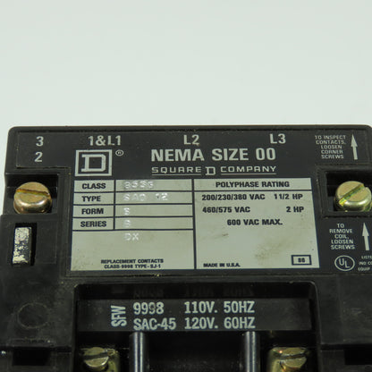 Square D 8536-SA0-12 Ser B Motor Starter 1.5-2HP 600VAC Max