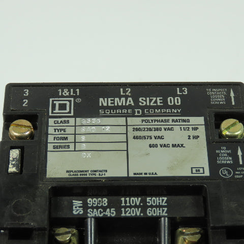 Square D 8536-SA0-12 Ser B Motor Starter 1.5-2HP 600VAC Max