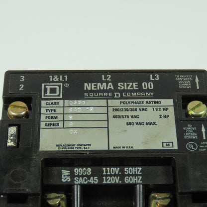 Square D 8536-SA0-12 Ser B Motor Starter 1.5-2HP 600VAC Max