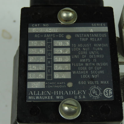 Allen Bradley 809-A08E 20A Instantaneous Trip Relay Ser A 600V Max