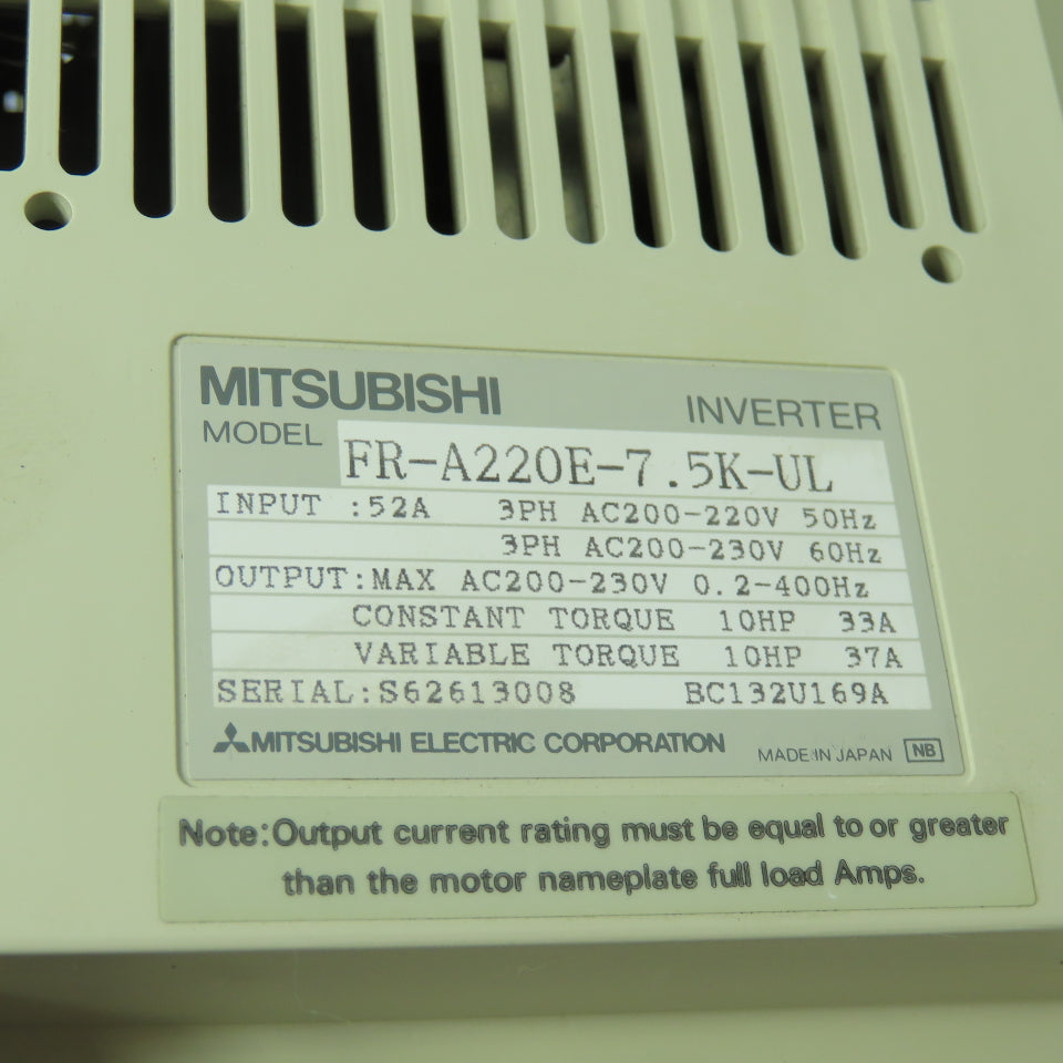 Mitsubishi FR-A220E-7.5K-UL 200-230VAC 52A AC Inverter Drive 50/60 Hz 10 HP 3P