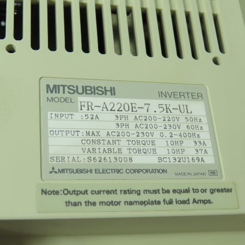 Mitsubishi FR-A220E-7.5K-UL 200-230VAC 52A AC Inverter Drive 50/60 Hz 10 HP 3P