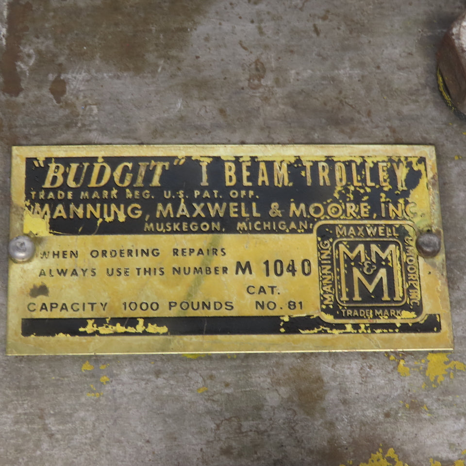 Budgit 1/2 Ton (1000lb) Manual Push-Pull Hoist Trolley 2-1/2 to 4" Beam