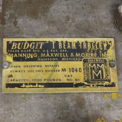 Budgit 1/2 Ton (1000lb) Manual Push-Pull Hoist Trolley 2-1/2 to 4" Beam