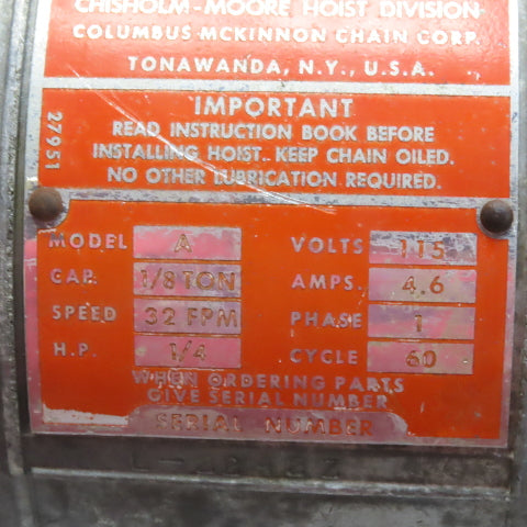 CM Lodestar Model A 1/8 Ton Electric Chain Hoist 15' Lift 32FPM 115V 1Ph