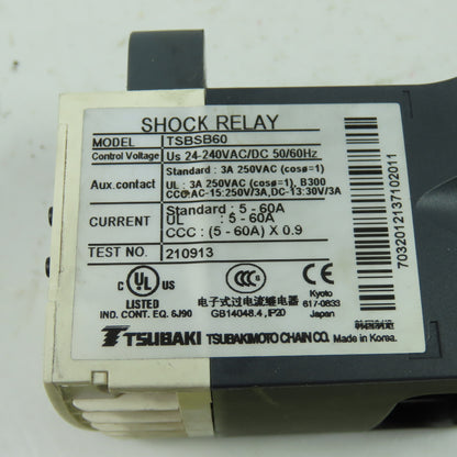 Tsubaki TSBSB60 240VAC/DC Safety Shock Relay 50/60Hz 60A