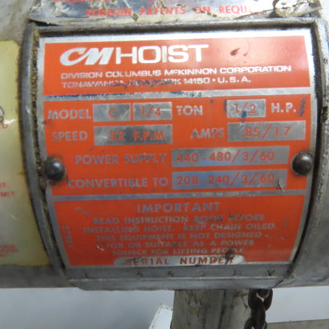 CM Lodestar Model C 1/4 Ton Electric Chain Hoist 10' Lift 32FPM 208-230/460V