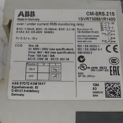ABB CM-SRS.21S 1SVR730841R1400 over/Under Current Monitoring Relay 220-240V