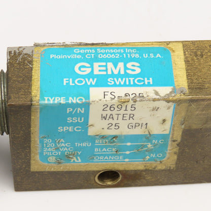 Gems 26915 FS-925 Flow Switch .25 GPM 120/240V 1/4" NPT