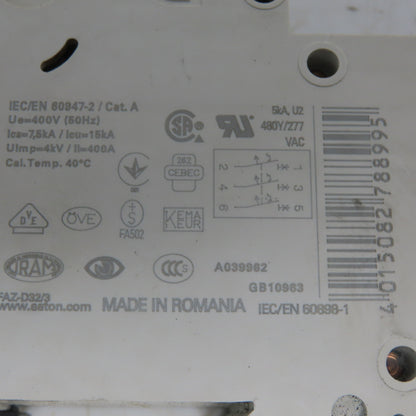 Eaton FAZ-D32/3 Miniature Circuit Breaker Toggle D Curve 3P 32A 277-480V