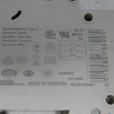 Eaton FAZ-D32/3 Miniature Circuit Breaker Toggle D Curve 3P 32A 277-480V