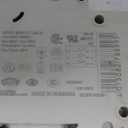 Eaton FAZ-D32/3 Miniature Circuit Breaker Toggle D Curve 3P 32A 277-480V
