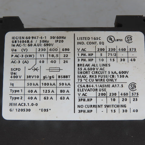 Siemens 3RT1035-3B 3 Pole Contactor W/24V Coil 30Hp