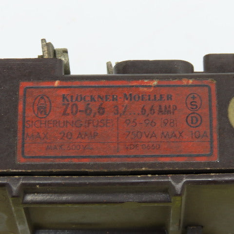 Klockner Moeller Z0-6.6 3.7-6.6A Trip Overload Relay 20Amp Max