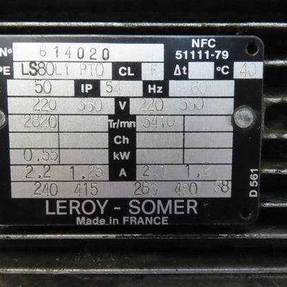 Leroy Somer LS80L1 PTO Electric Motor 0.55 kW 3410 RPM 50/60Hz 3 Phase