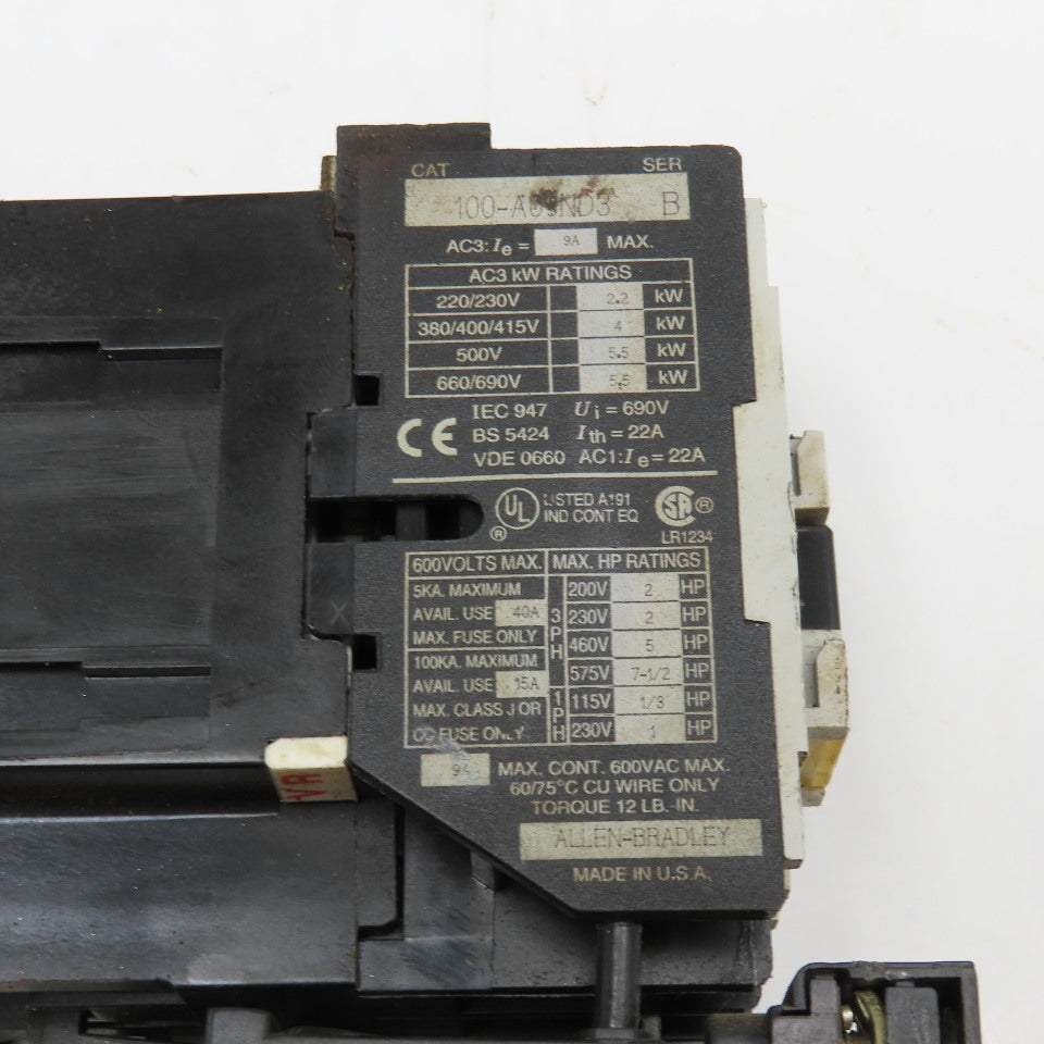 Allen Bradley 100-A09ND3 193-A1D1 600V 7-1/2Hp Contactor Relay 110V Coil 1-2.9A