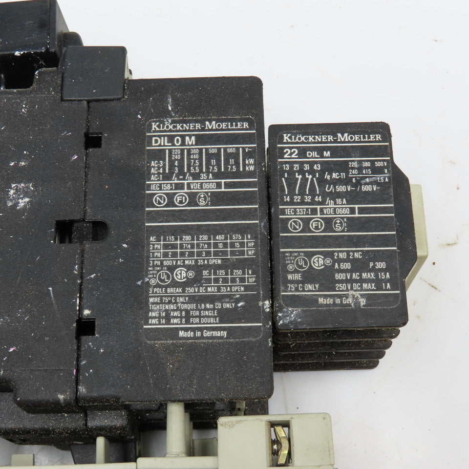 Klockner Moeller DIL0M 600V Contactor 22DILM Aux. Z00-2.4 Overload 1.6-2.6A Trip
