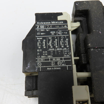 Klockner Moeller DIL0M 600V Contactor 22DILM Aux. Z00-2.4 Overload 1.6-2.6A Trip