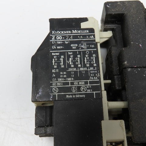 Klockner Moeller DIL0M 600V Contactor 22DILM Aux. Z00-2.4 Overload 1.6-2.6A Trip