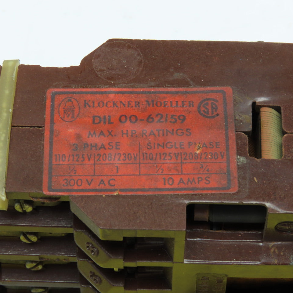 Klockner Moeller DIL 00-62/59 300VAC 10A Contactor 110V Coil