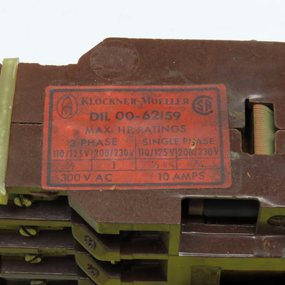 Klockner Moeller DIL 00-62/59 300VAC 10A Contactor 110V Coil