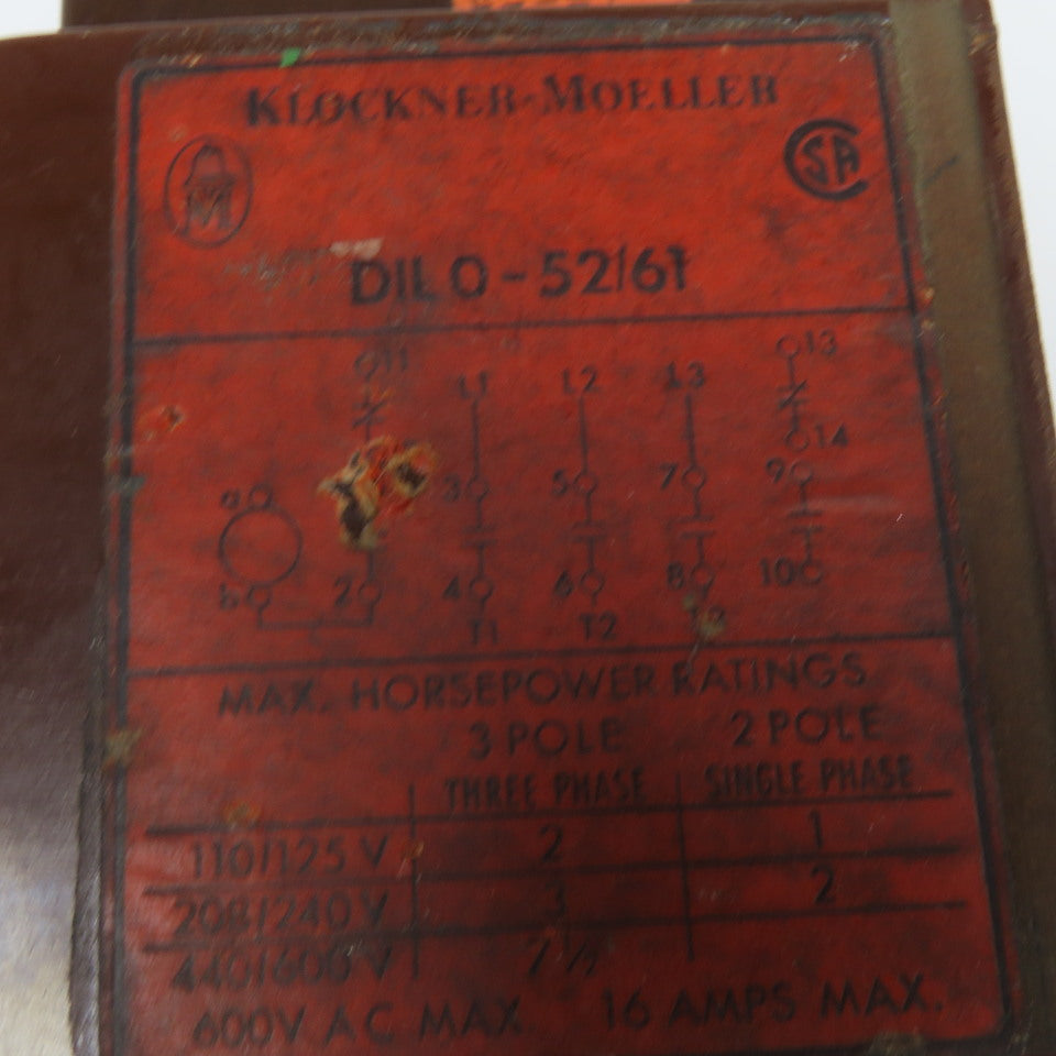 Klockner Moeller DIL 0-52/61 600V 7-1/2Hp 16A Contactor 110V Coil 1.9-3.7A Trip