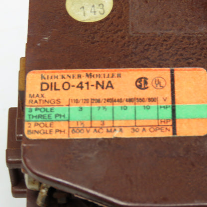 Klockner Moeller DIL0-41-NA 600V Contactor 110V Coil Z0-6.6-CNA 3.3-6.6A Trip