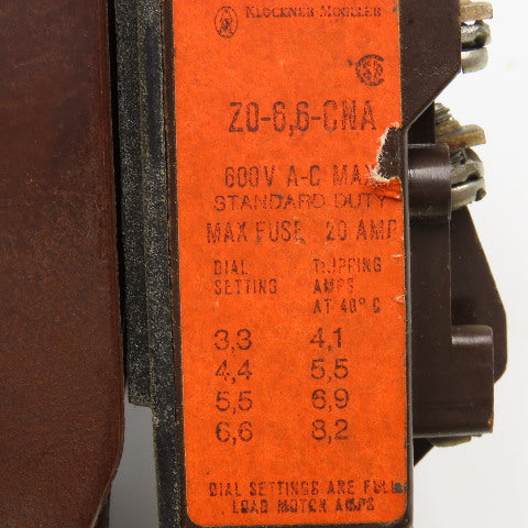Klockner Moeller DIL0-41-NA 600V Contactor 110V Coil Z0-6.6-CNA 3.3-6.6A Trip