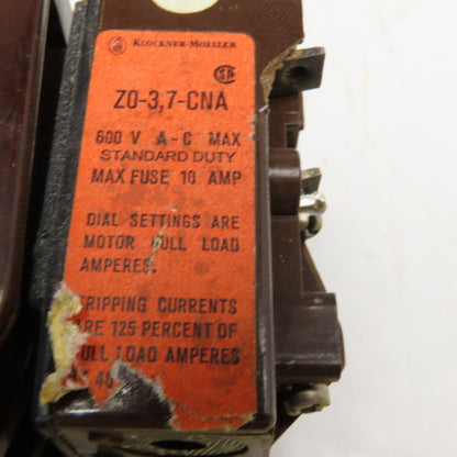 Klockner Moeller DIL0-41 600V 10Hp Contactor 110V Coil Z0-3.7-CNA 1.9-3.7A Trip