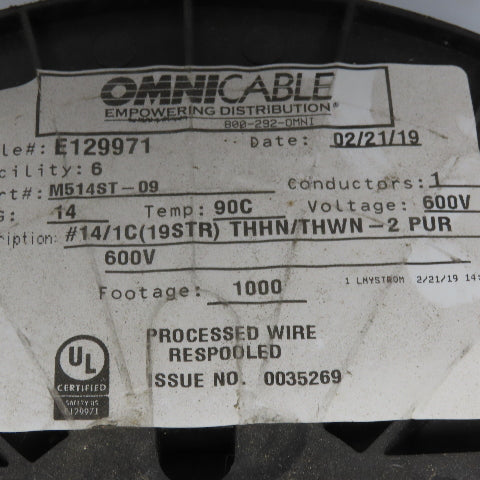 Omni Cable Purple 14AGW 600V Stranded Wire THWN / THHN 200' Spool