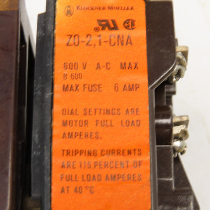 Klockner Moeller DIL0-41 600V Contactor 110V Coil Z0-2.1-CNA Overload 1.2-2.1A
