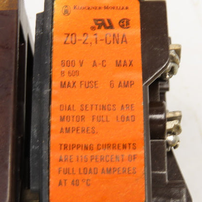 Klockner Moeller DIL0-41 600V Contactor 110V Coil Z0-2.1-CNA Overload 1.2-2.1A