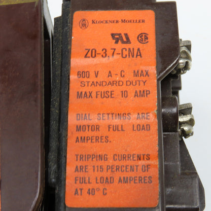 Klockner Moeller DIL0-41-NA 600V Contactor 110V Coil Z0-3.7 Overload 1.9-3.7A