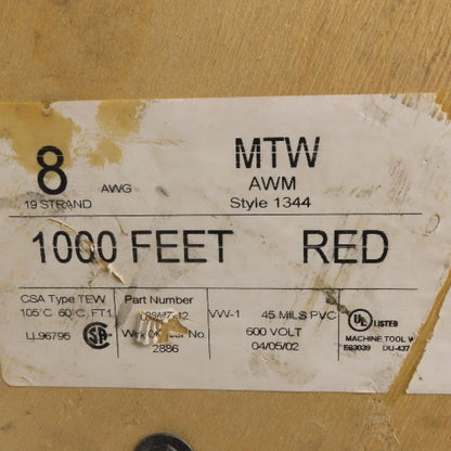 8 AWG Wire Red MTW Stranded Power Cable 400'