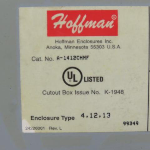 Hoffman A-1412CHNF 14x12x6 Hinged Door Electrical Enclosure Cabinet W/Backplate