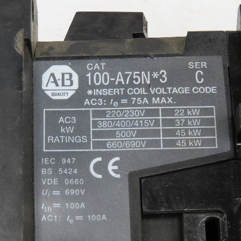 Allen Bradley 100-A75*N3 600V 75A 60Hp MAX Contactor 110/120V Coil